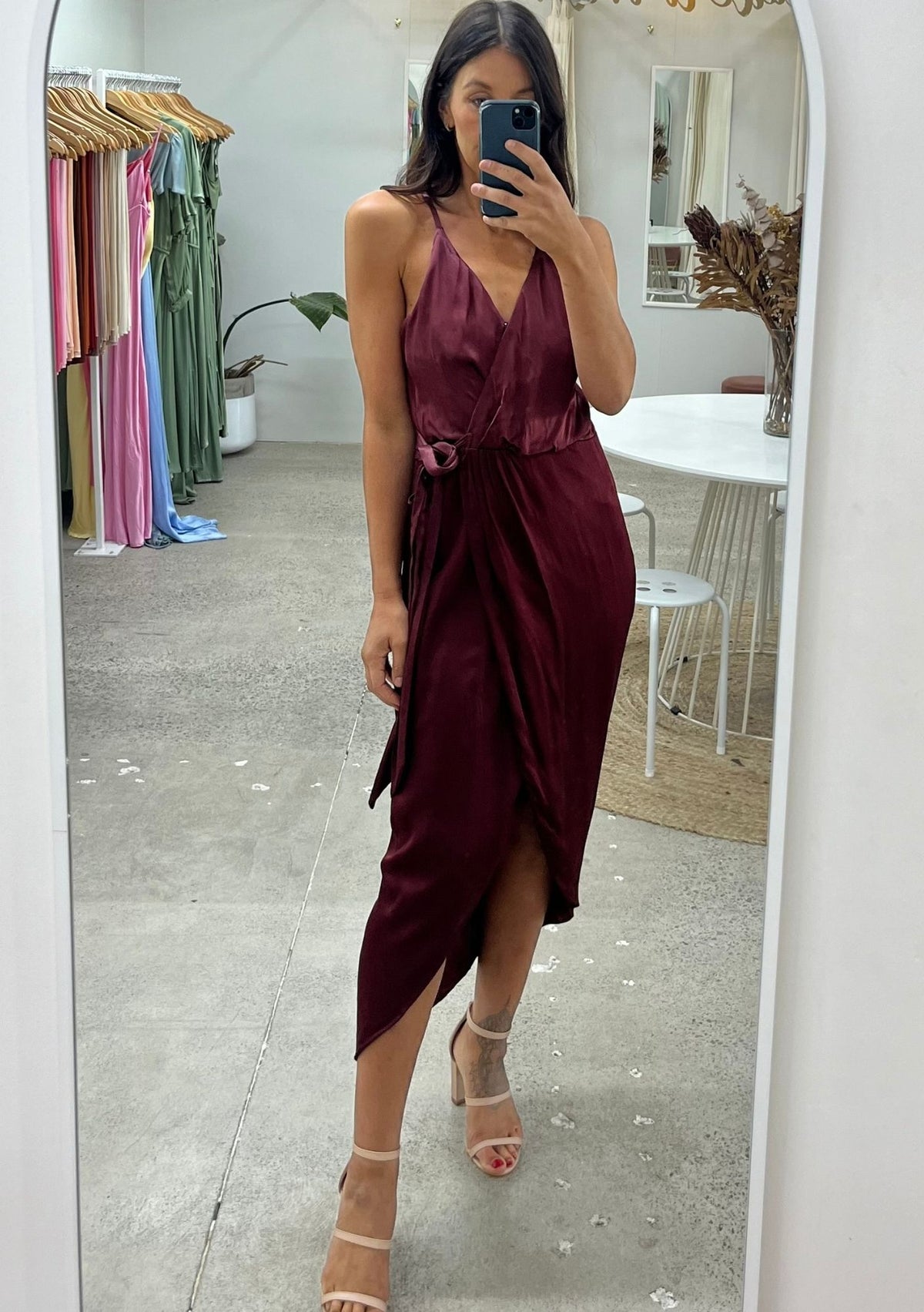 Blaze Of Passion Wrap Dress - Photographed in Aubergine Satin